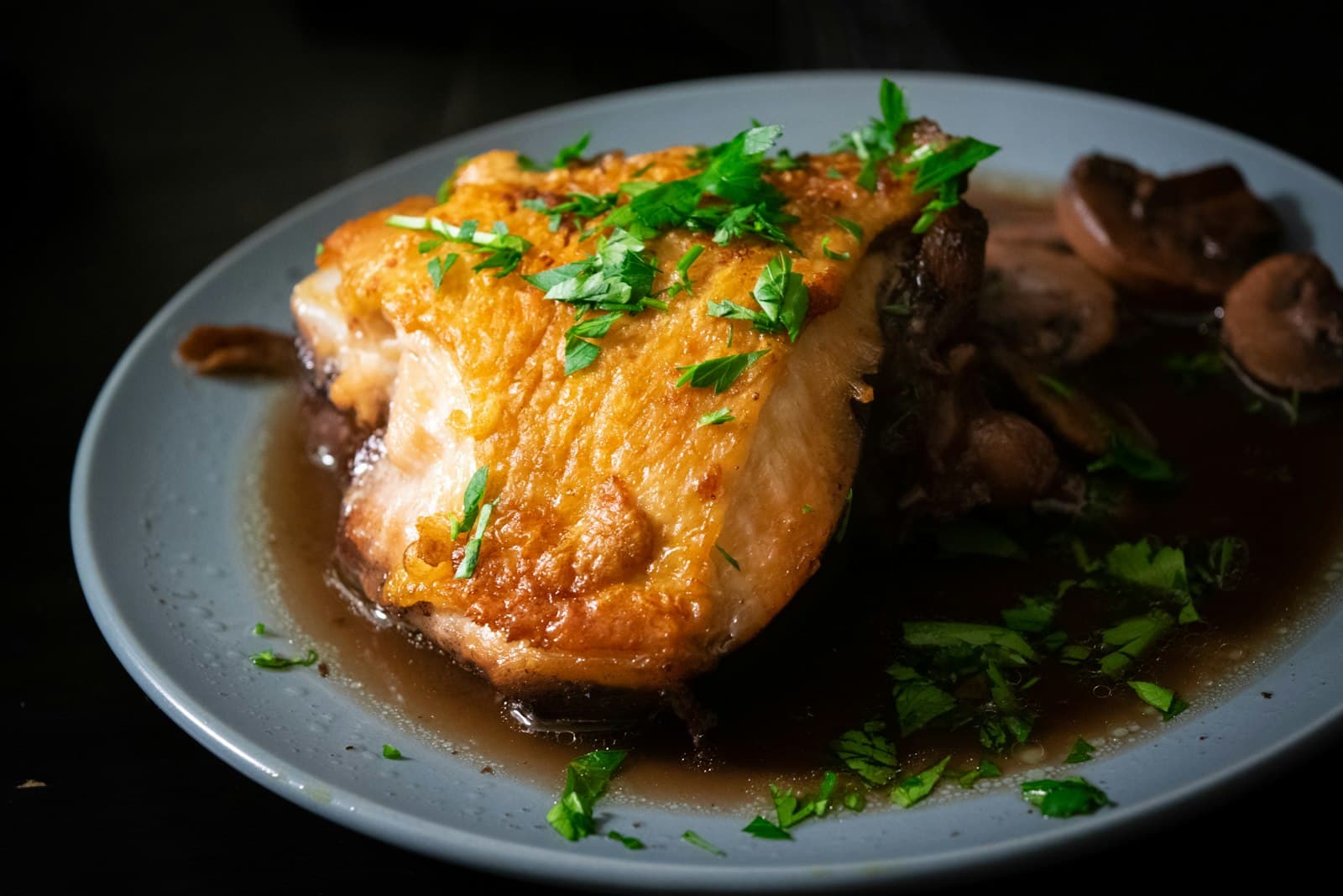 Golden-skinned braised chicken in a dark wine sauce with mushrooms and chopped parsley on a grey plate