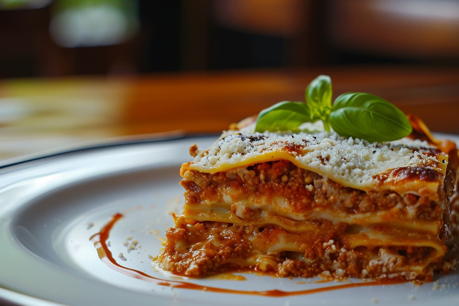 A tall slice of classic lasagna with layers of meat sauce and pasta, topped with parmesan and basil on a white plate