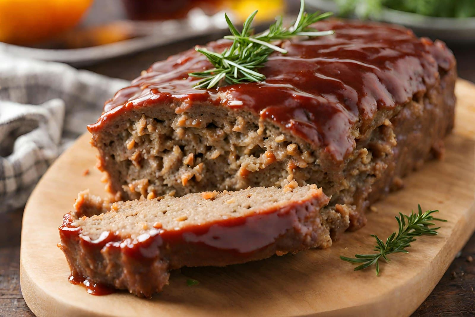 Classic meatloaf with a shiny red ketchup glaze on a wooden board, with one thick slice cut