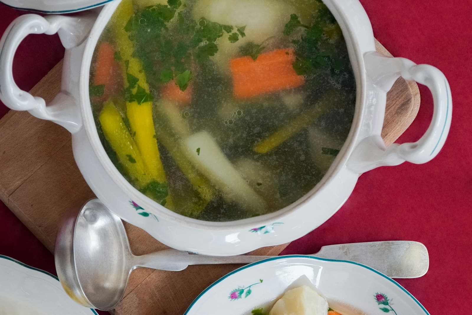 Chicken noodle soup with carrots and herbs in a white tureen